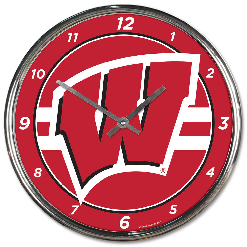 Wisconsin Badgers Clock Round Wall Style Chrome